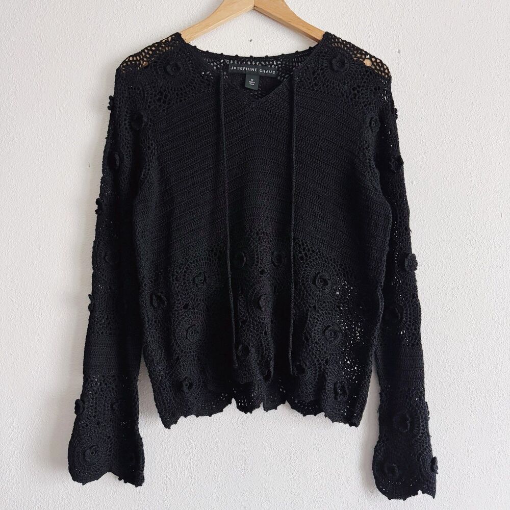 90s/y2k vintage black crochet long sleeve pullover top